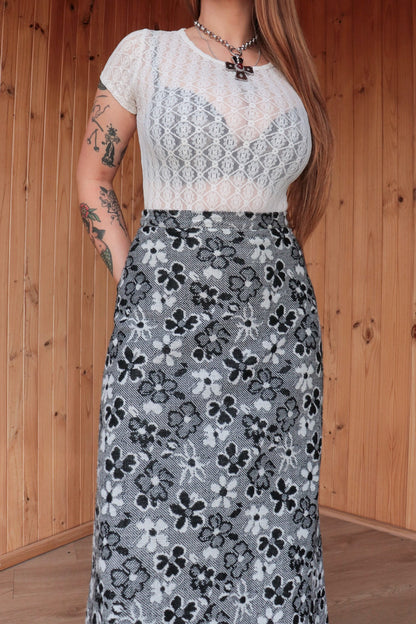 70s B/W Floral Maxi Skirt