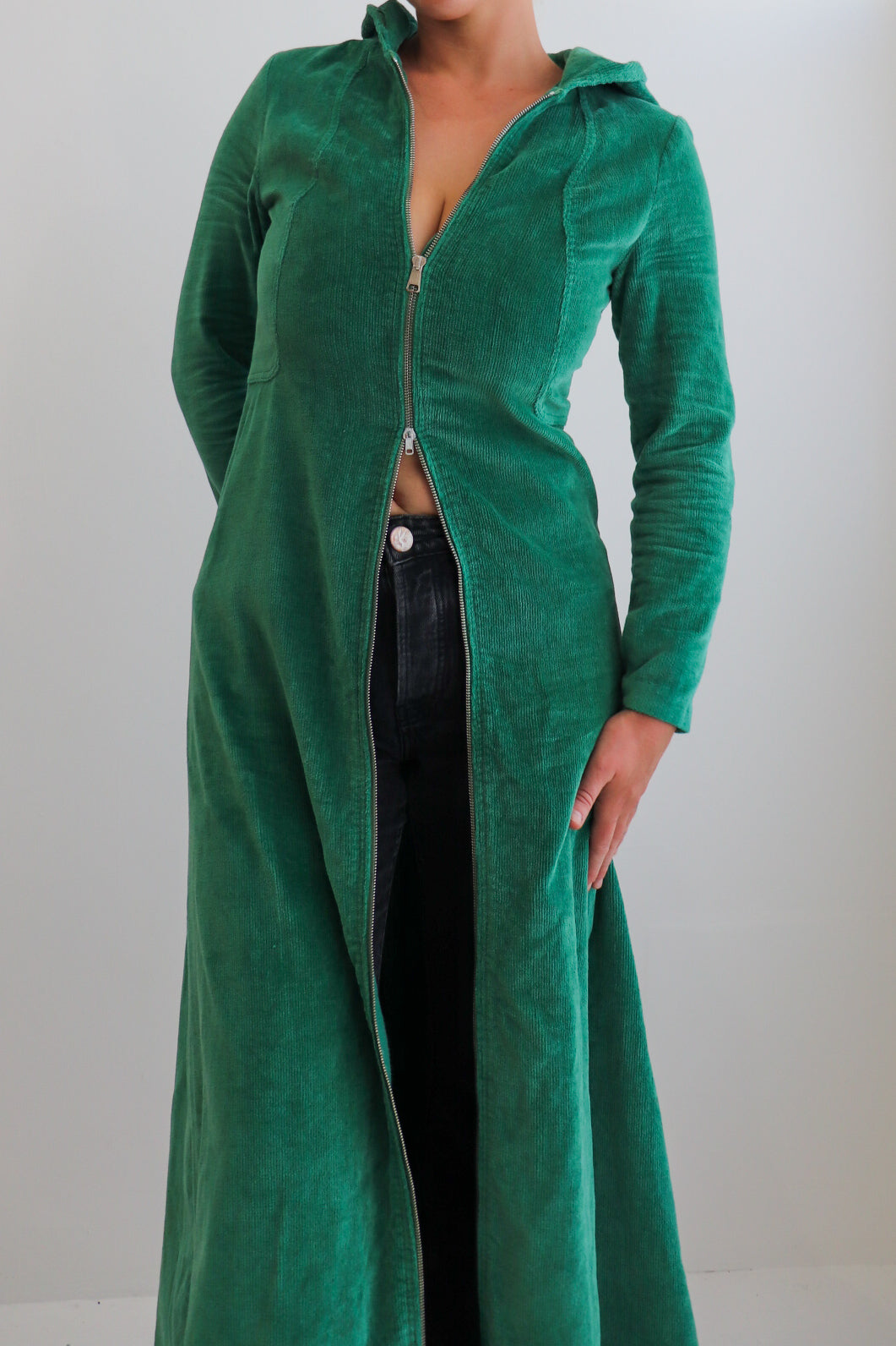 70s Green Corduroy Hooded Dress