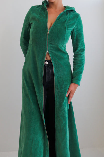 70s Green Corduroy Hooded Dress