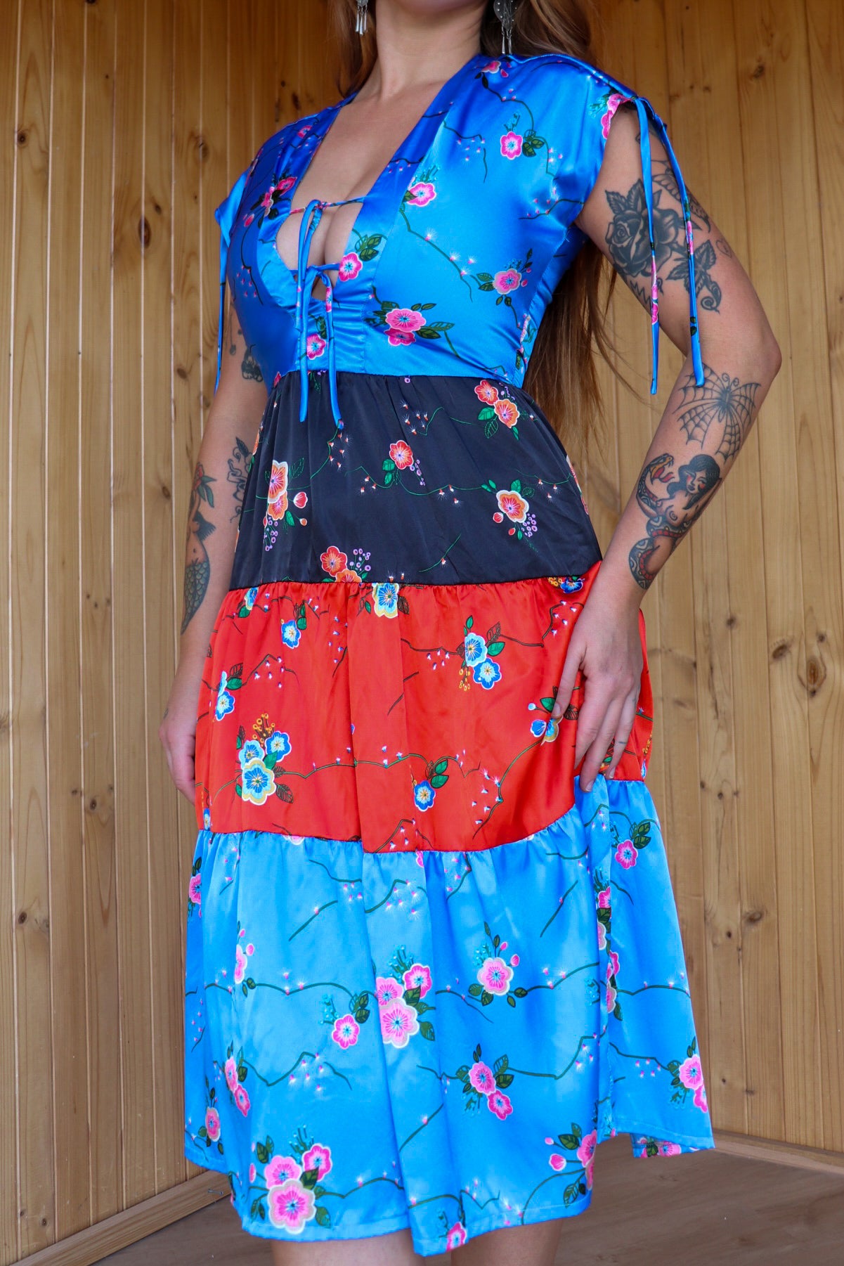 70s Pattern Satin Tie Up Midi