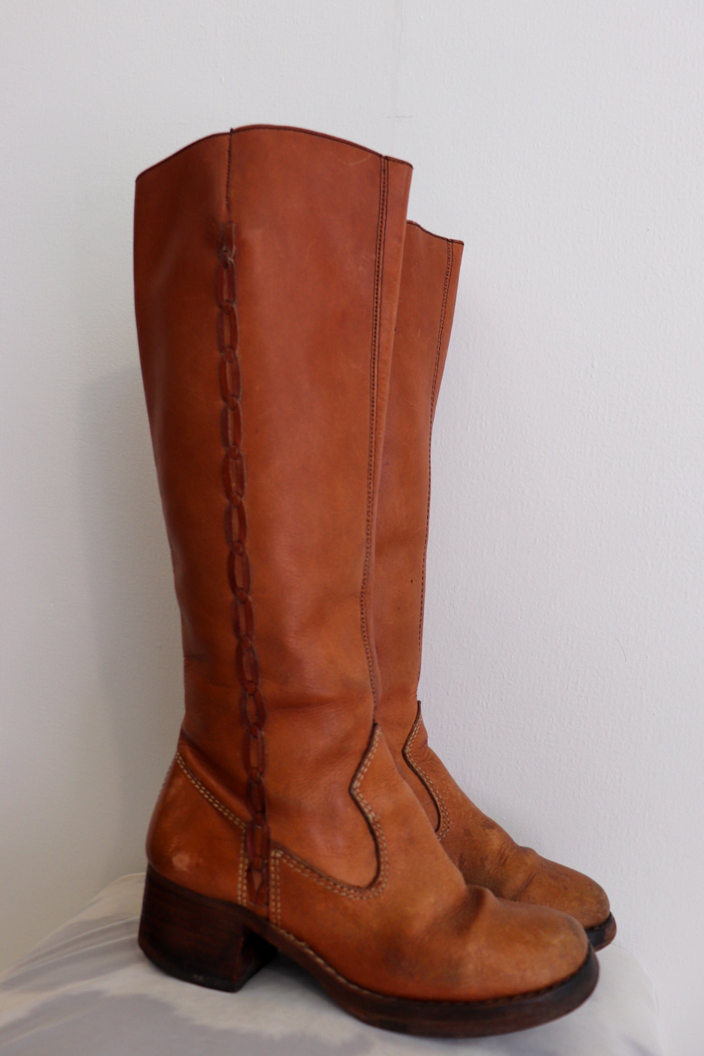 1970s Tan Braided Knee High Boots