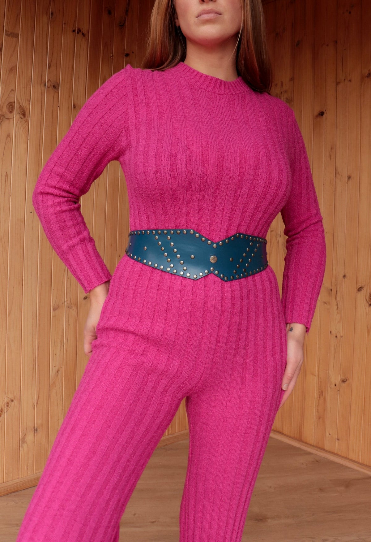 60s Pink Knit Flared Jumpsuit