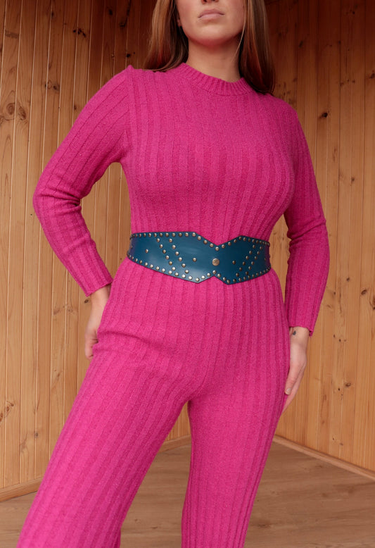 60s Pink Knit Flared Jumpsuit