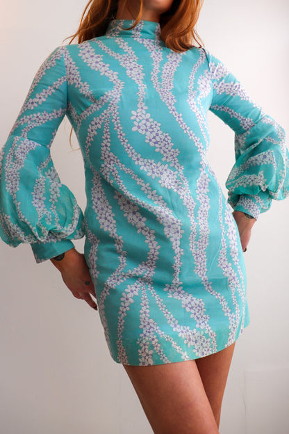 Blue Balloon Sleeve Mini Dress