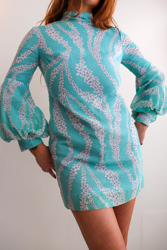 Blue Balloon Sleeve Mini Dress