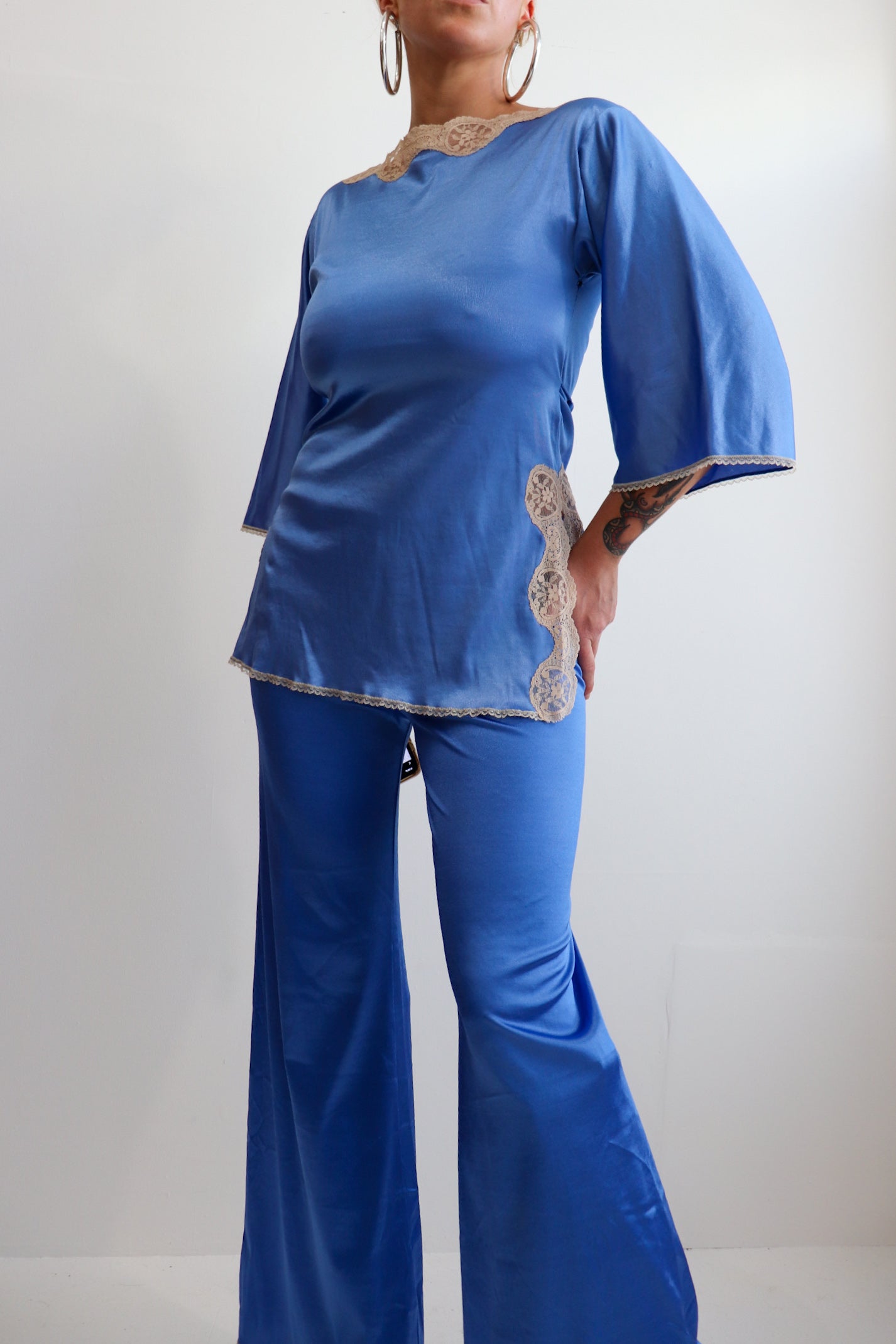 Blue Satin Lace Trim Two Piece