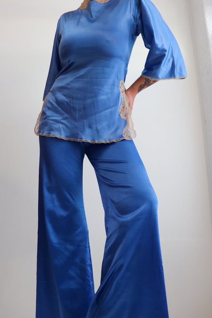 Blue Satin Lace Trim Two Piece