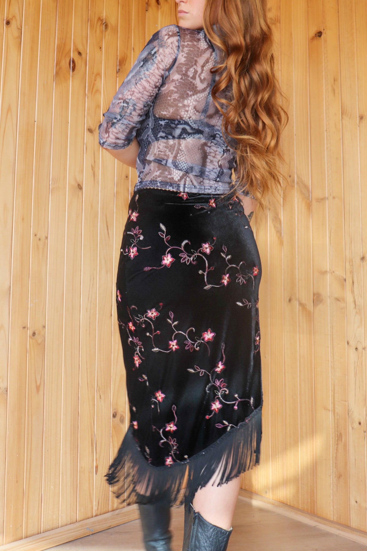 1990s Black Velvet Fringe Midi Skirt