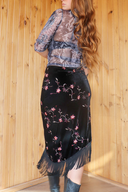 1990s Black Velvet Fringe Midi Skirt