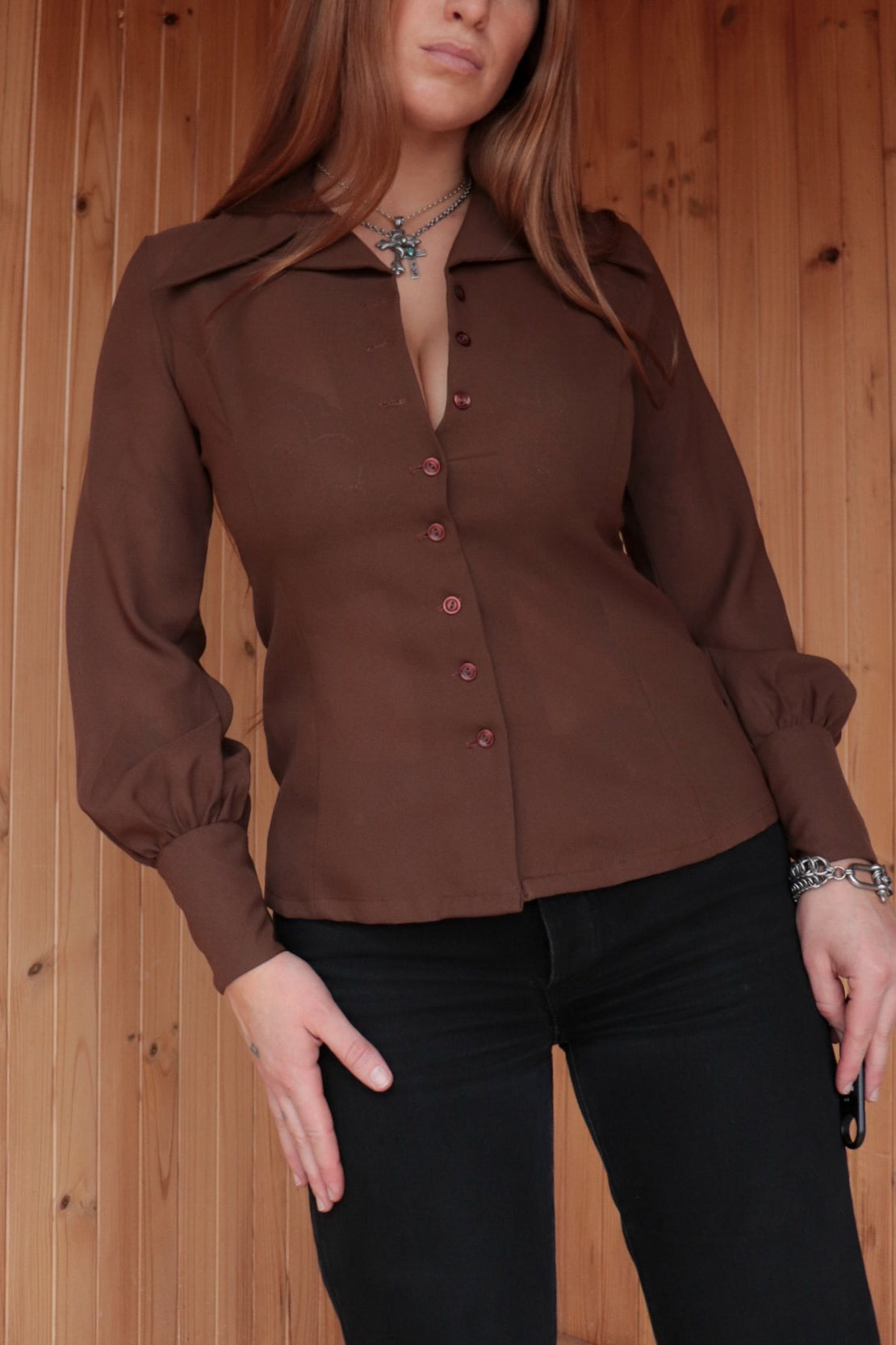 70s Brown Button Up