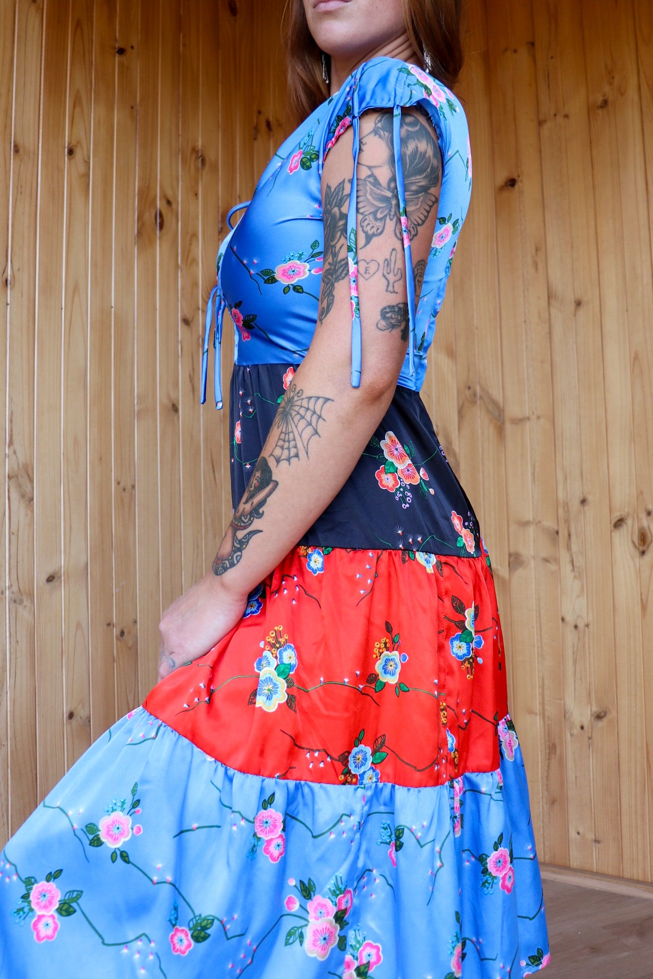 70s Pattern Satin Tie Up Midi