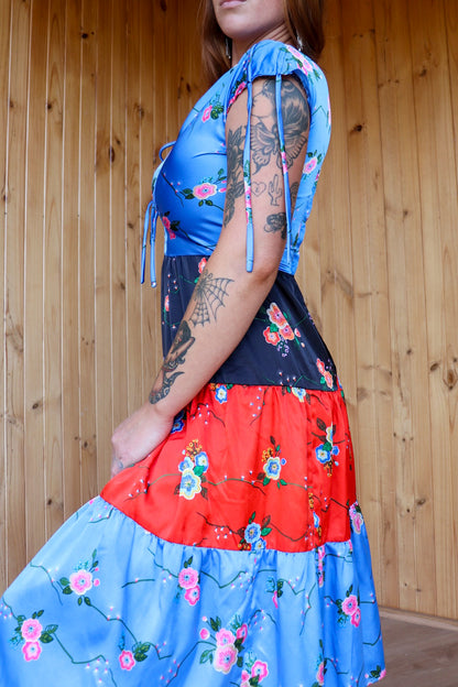 70s Pattern Satin Tie Up Midi