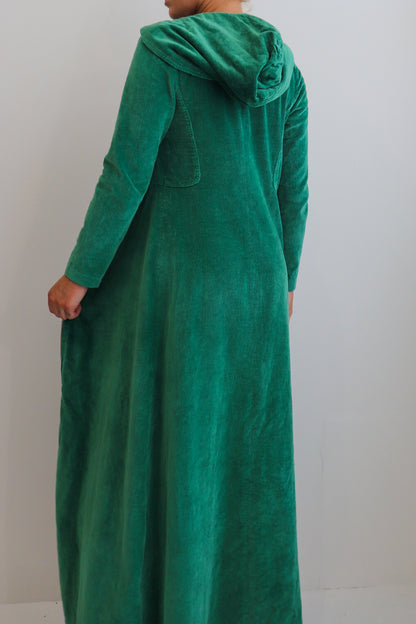 70s Green Corduroy Hooded Dress