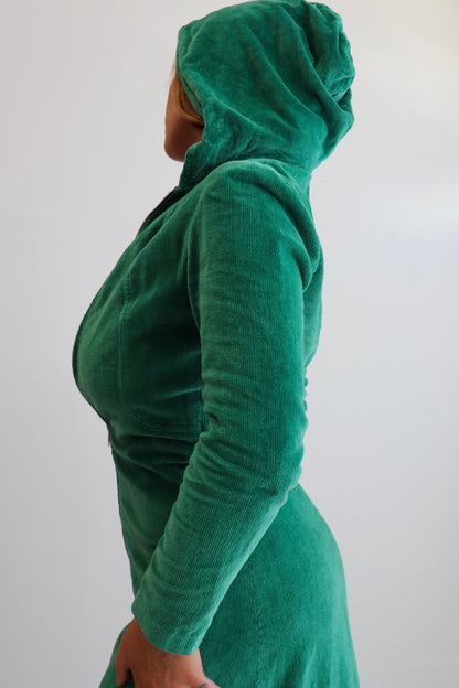 70s Green Corduroy Hooded Dress