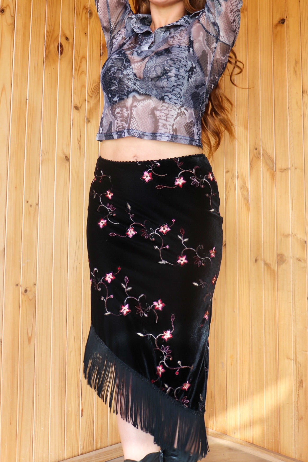1990s Black Velvet Fringe Midi Skirt