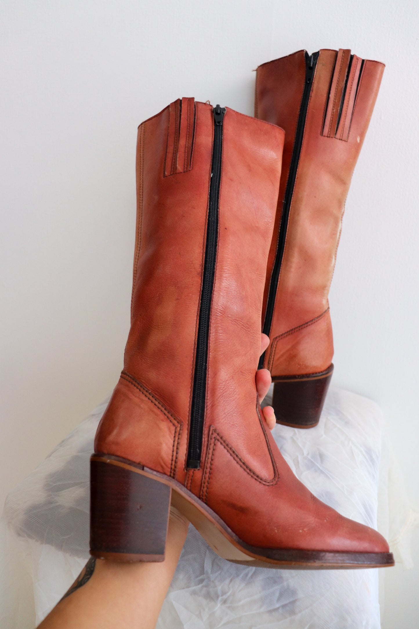 Blush Red Knee High Leather Boots