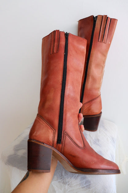 Blush Red Knee High Leather Boots