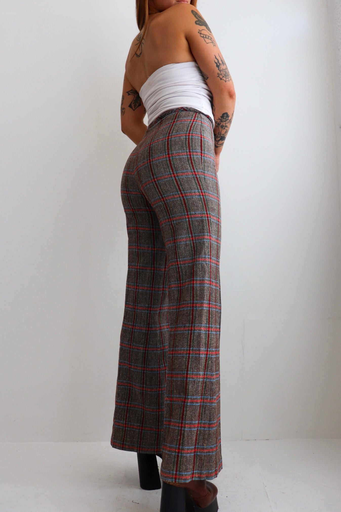 High Rise Tartan Wool Flares