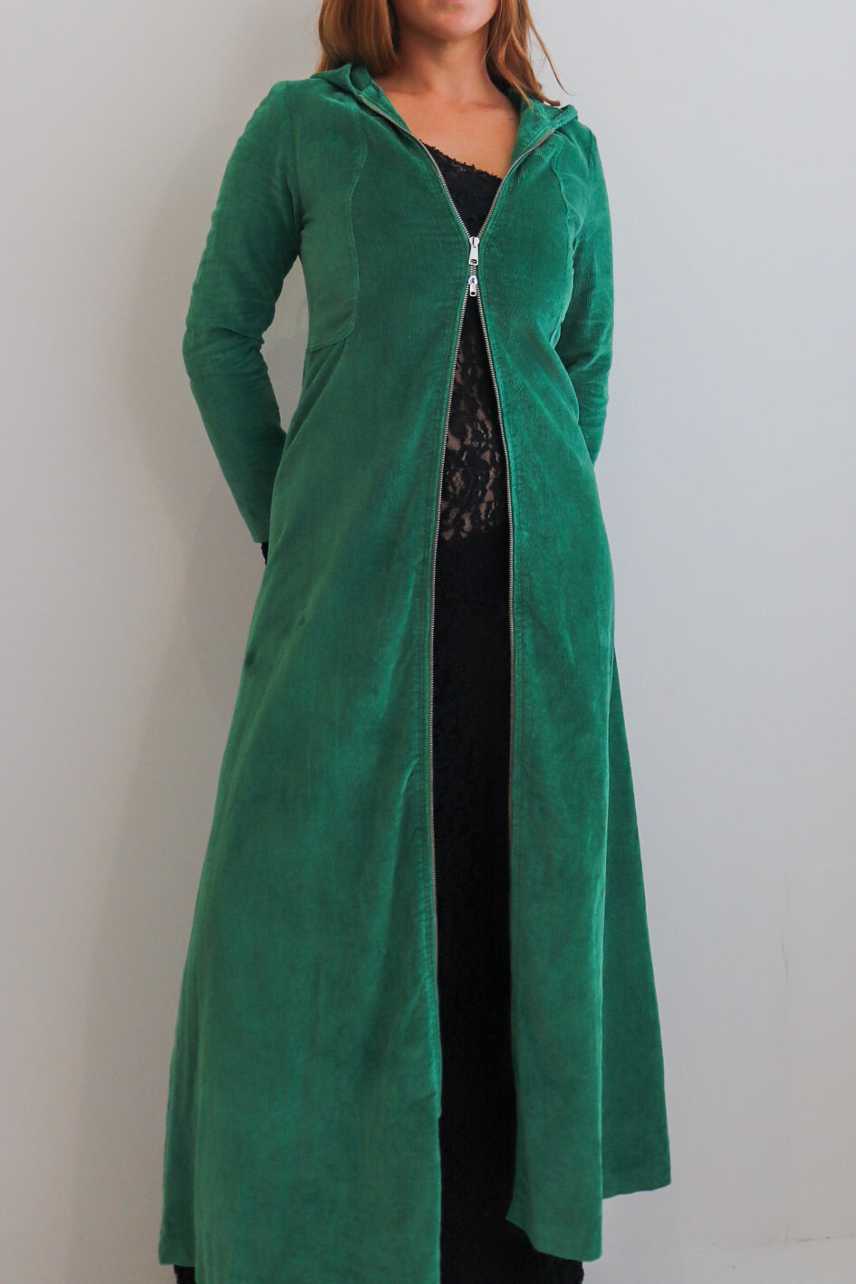 70s Green Corduroy Hooded Dress