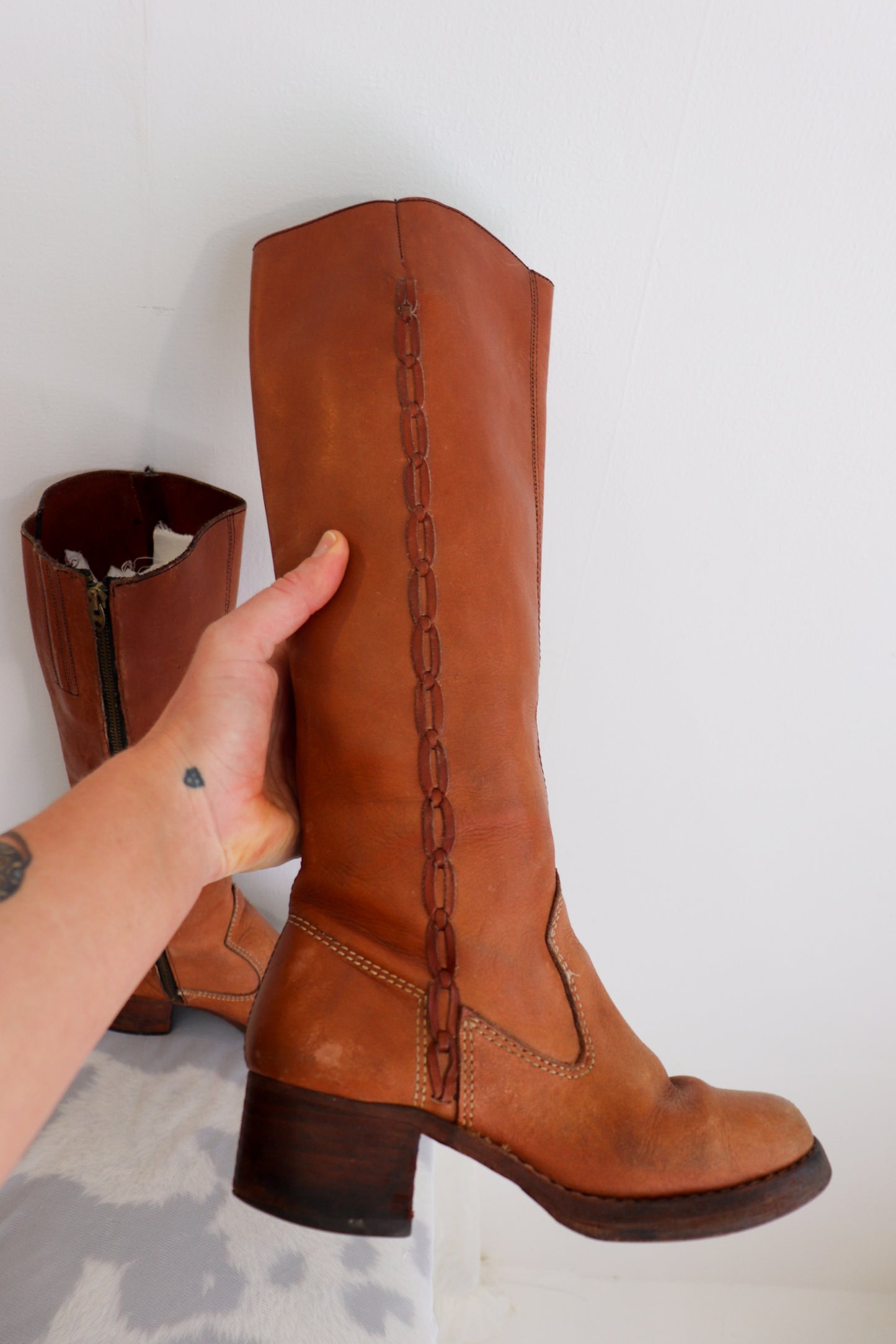 1970s Tan Braided Knee High Boots