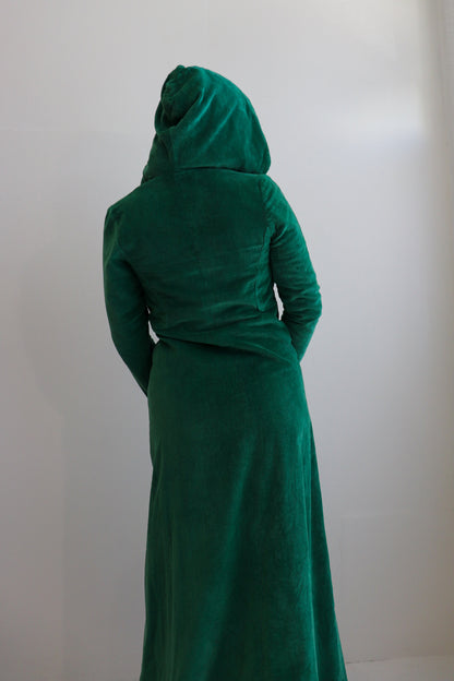 70s Green Corduroy Hooded Dress