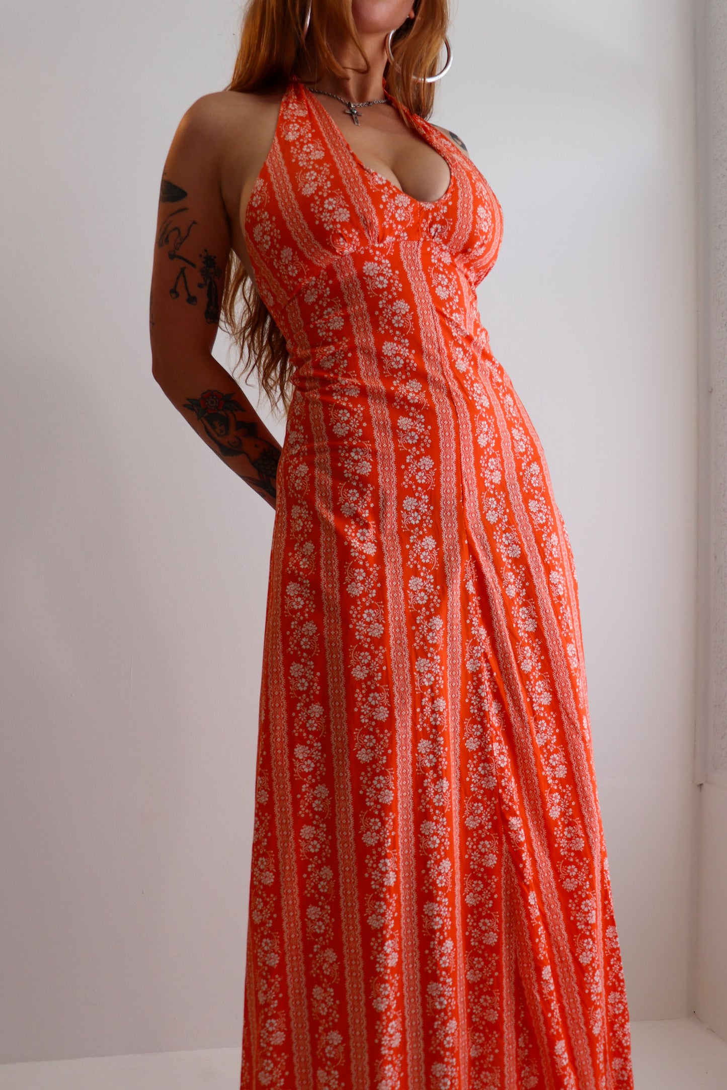 Orange Floral Halter Maxi Dress