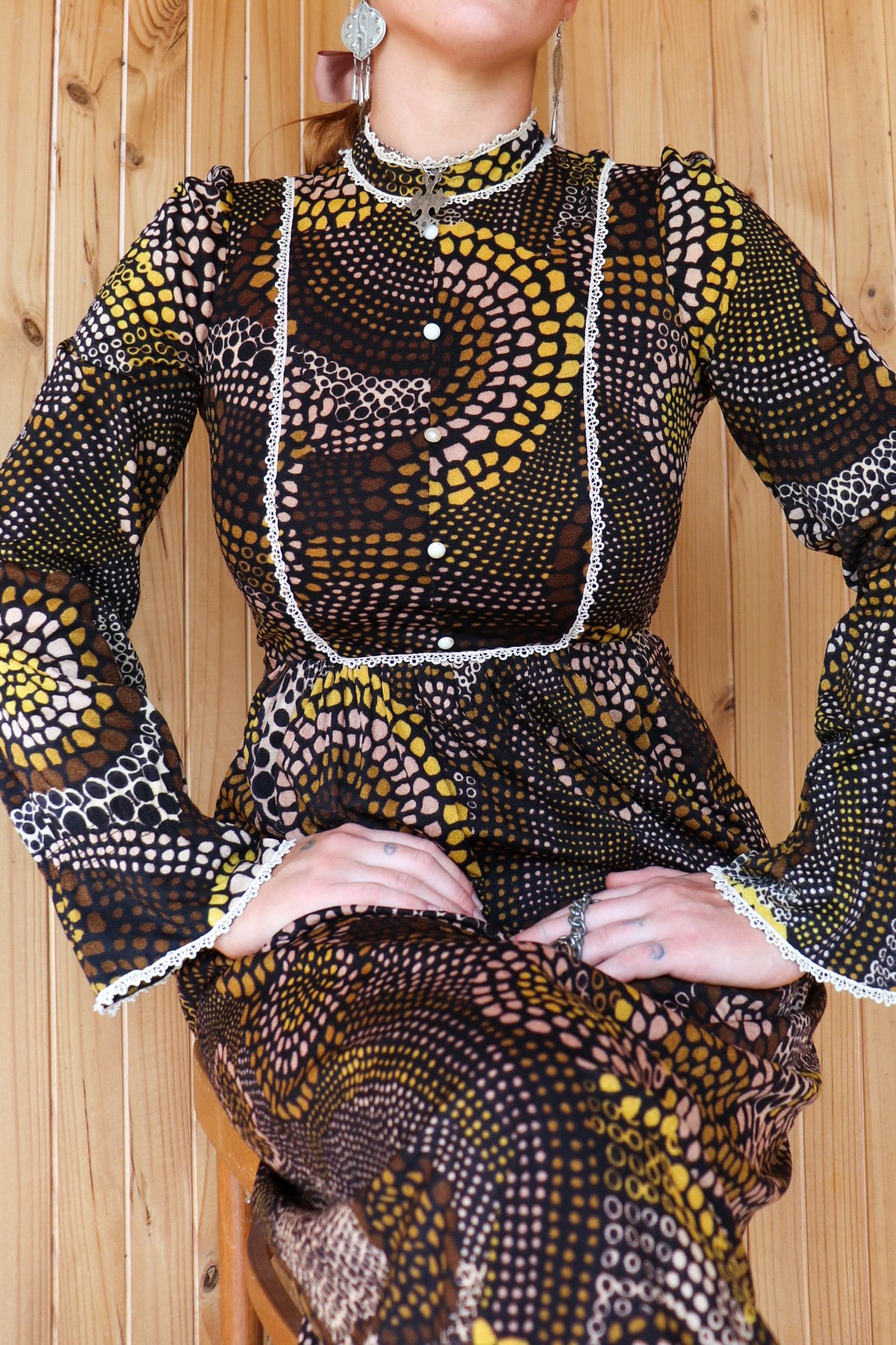 70s Brown Toned Prairie Dress