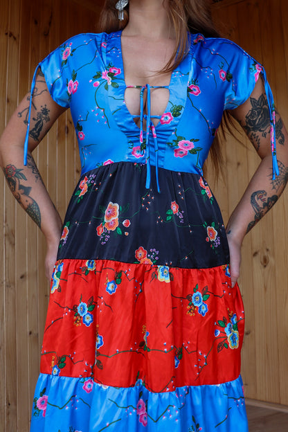 70s Pattern Satin Tie Up Midi