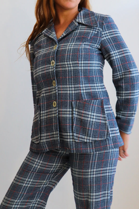 70s Blue Plaid Flare Suit
