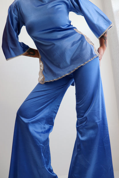 Blue Satin Lace Trim Two Piece