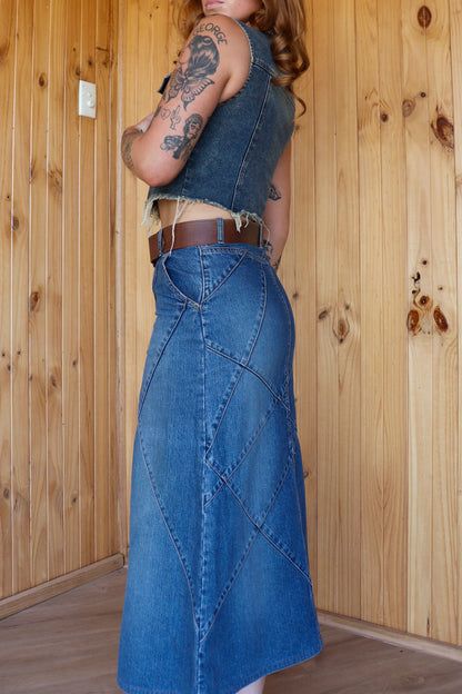Patchwork Denim Midi Skirt