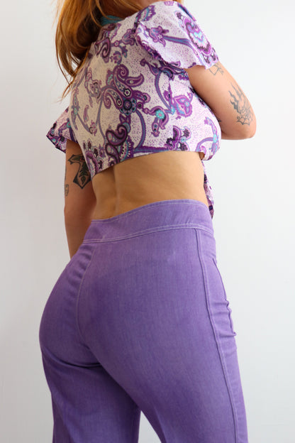 Purple Paisley Tie Front Crop
