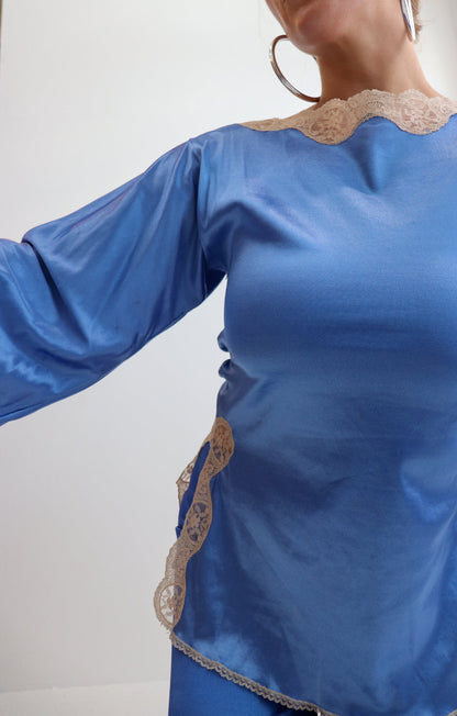 Blue Satin Lace Trim Two Piece