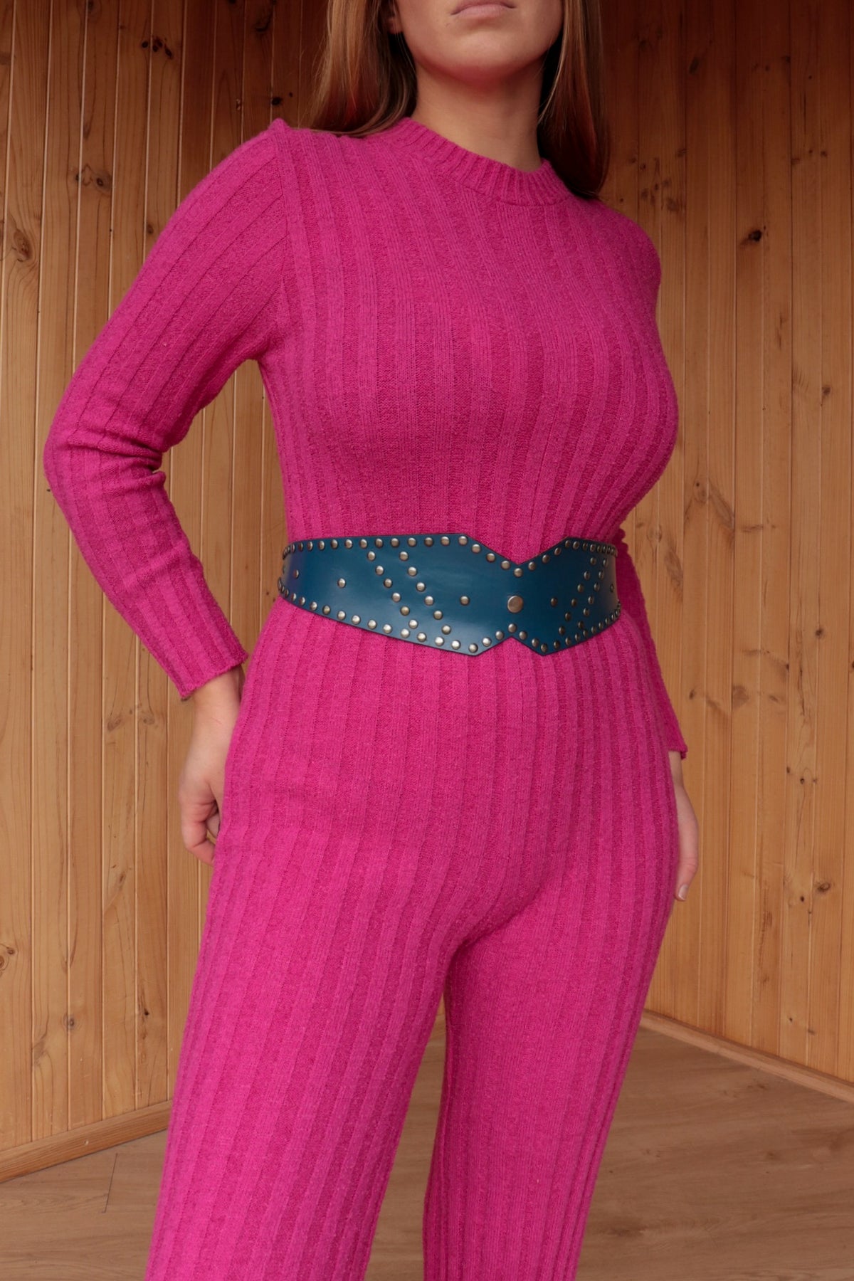 60s Pink Knit Flared Jumpsuit