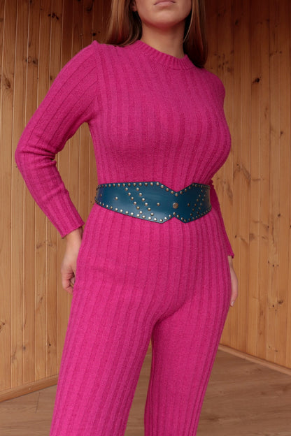 60s Pink Knit Flared Jumpsuit