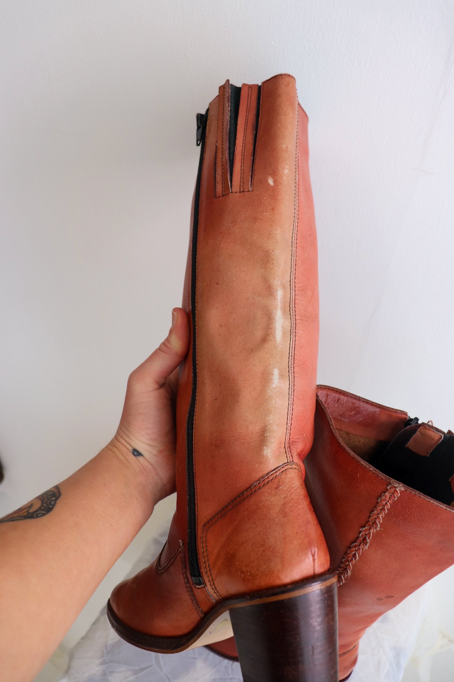 Blush Red Knee High Leather Boots