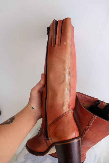 Blush Red Knee High Leather Boots