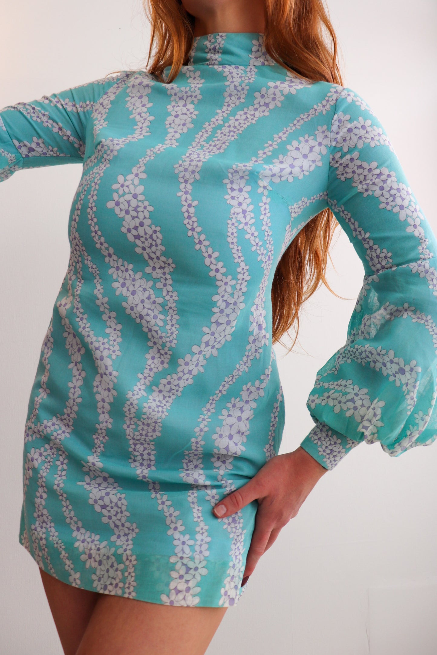 Blue Balloon Sleeve Mini Dress