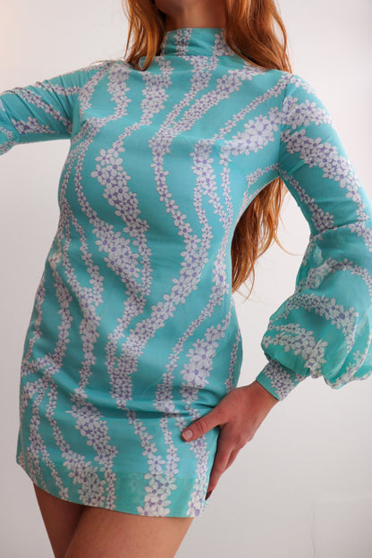 Blue Balloon Sleeve Mini Dress