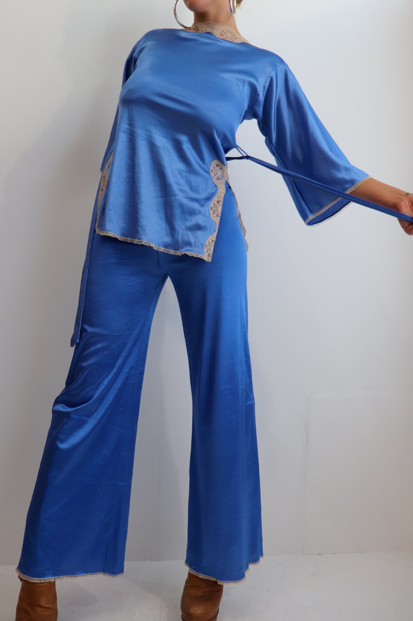 Blue Satin Lace Trim Two Piece