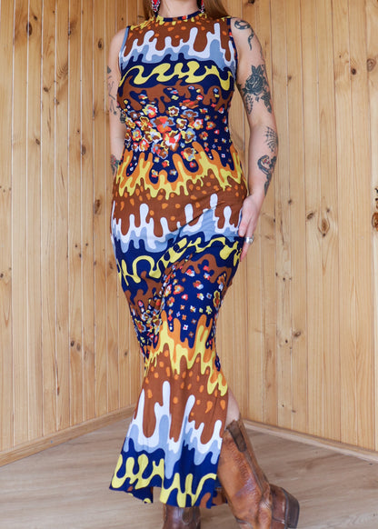 70s Psychedelic Drip Maxi Dress