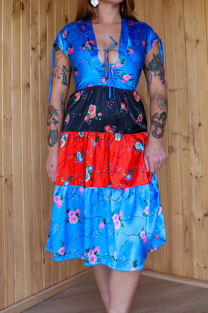 70s Pattern Satin Tie Up Midi