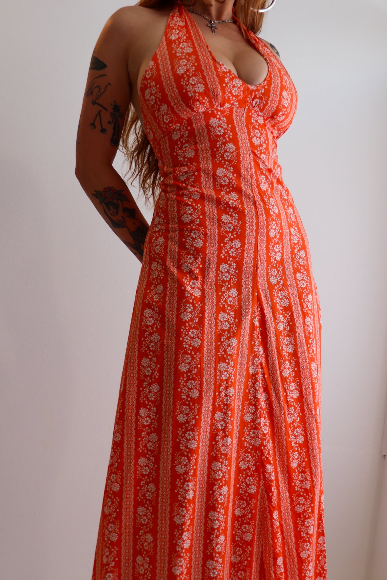 Orange Floral Halter Maxi Dress