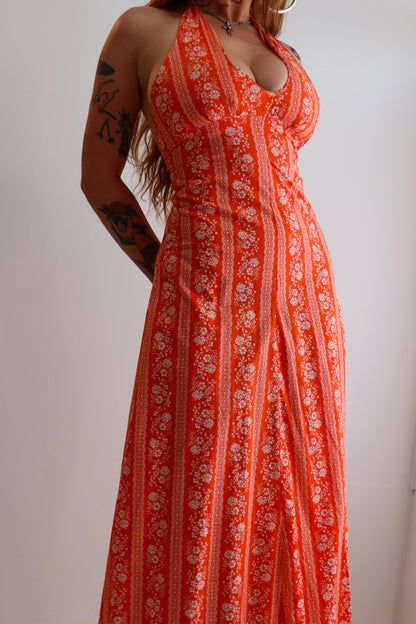 Orange Floral Halter Maxi Dress