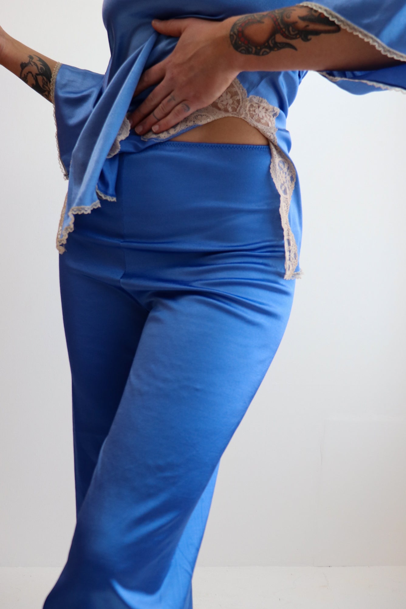 Blue Satin Lace Trim Two Piece