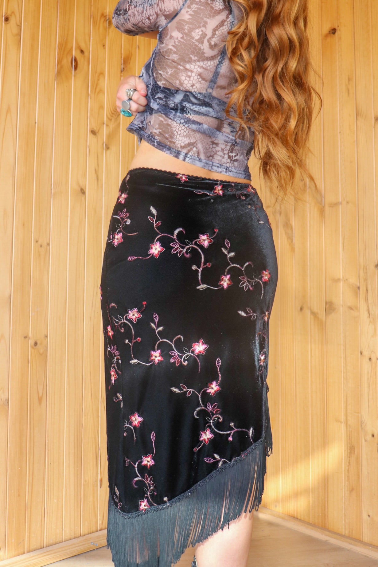 1990s Black Velvet Fringe Midi Skirt