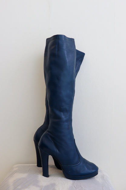 Electric Blue Heeled Knee Leather High Boots