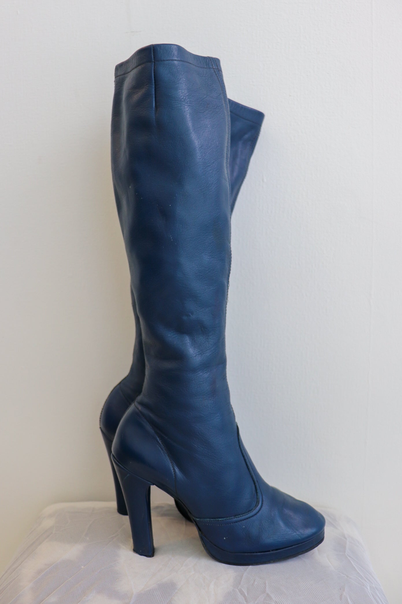 Electric Blue Heeled Knee Leather High Boots