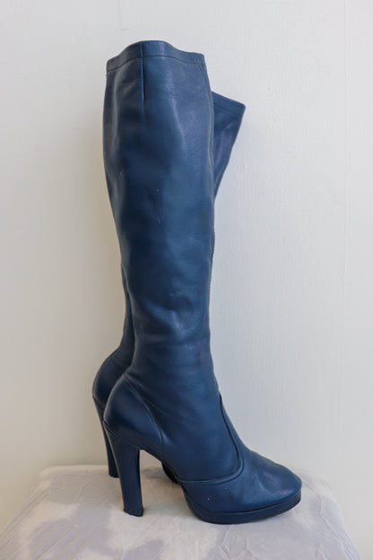 Electric Blue Heeled Knee Leather High Boots
