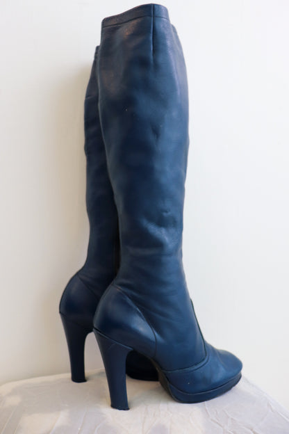 Electric Blue Heeled Knee Leather High Boots